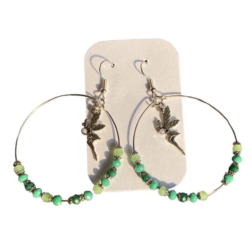 Silver and Green Beaded Hoop Earrings with Fairy